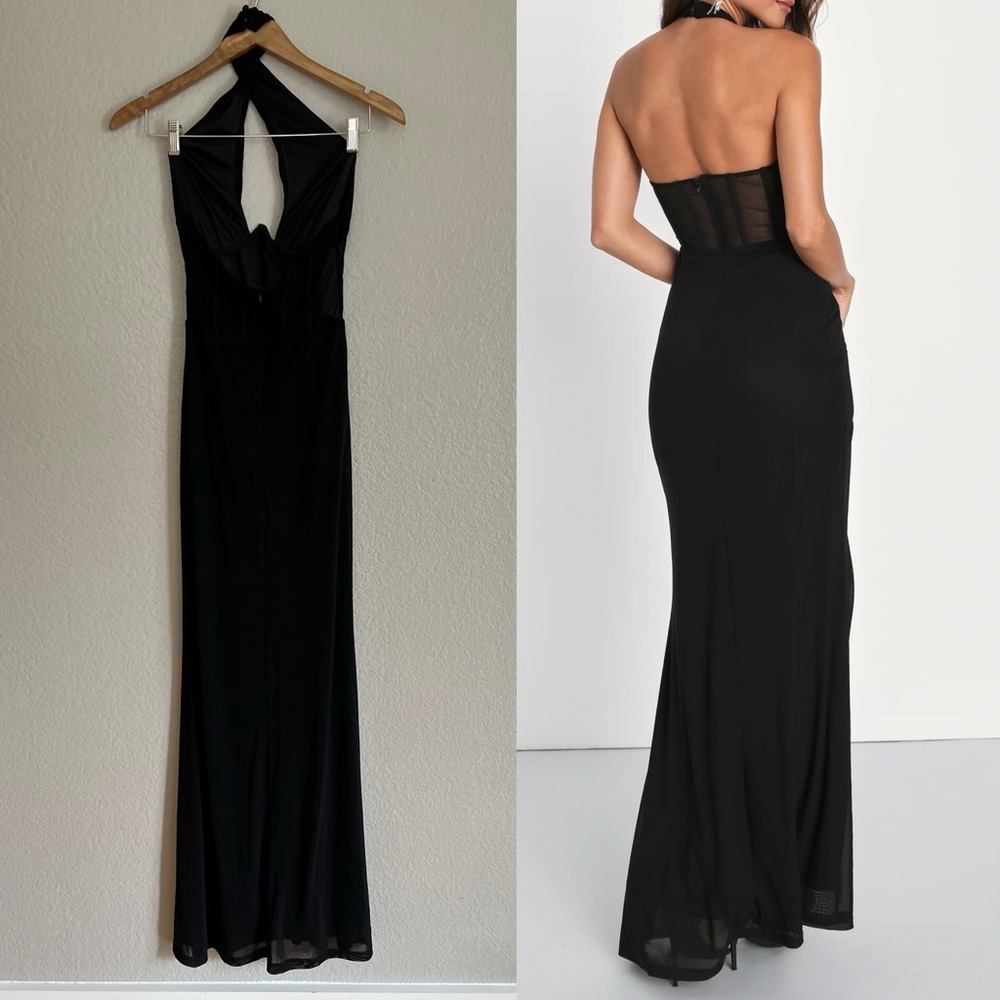 Never-Ending Glamour Black Mesh Cross-Front Halter Maxi Dress - Picture 3 of 7
